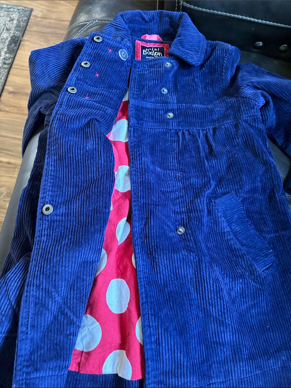 Mini Boden Navy Corduroy Kids' snap front pea coat - Picture 5 of 7